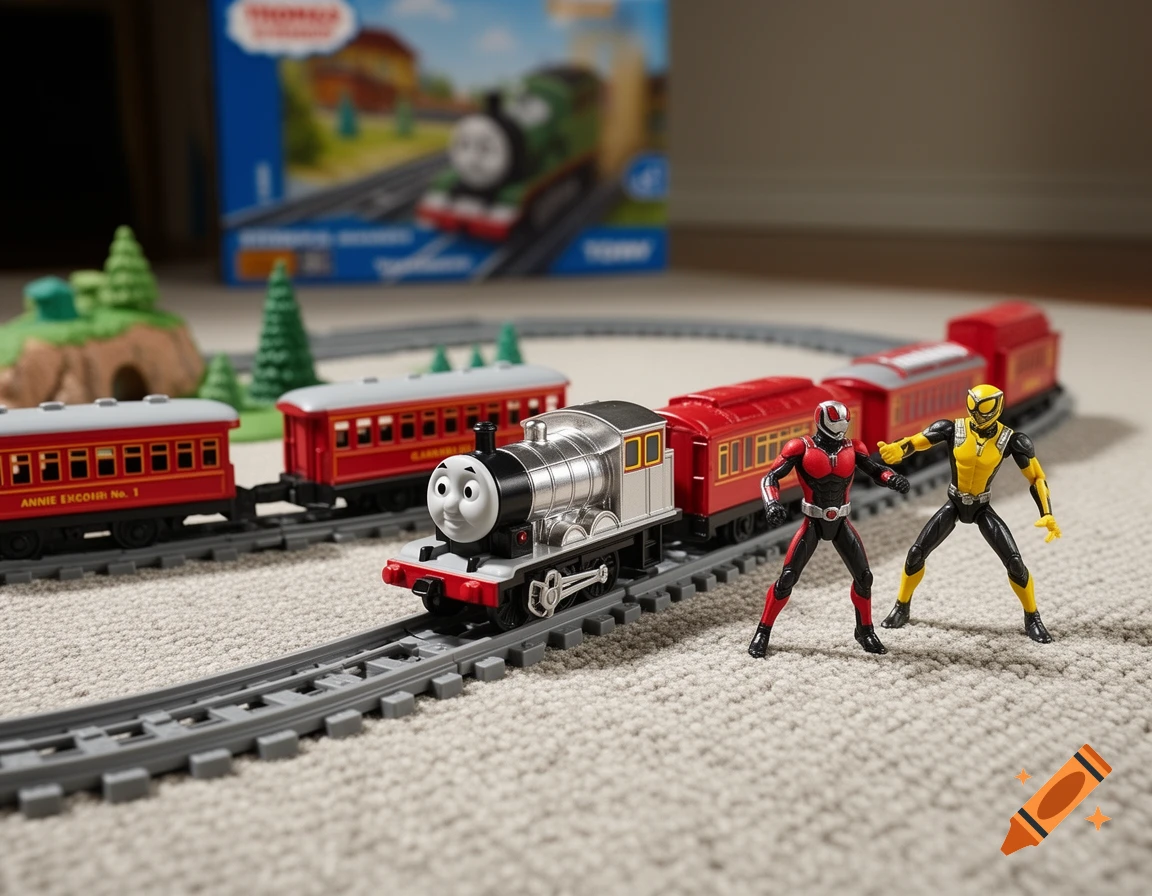 Thomas and Friends train set with metallic Thomas, Ant-Man, and Yellowjacket figures on a carpet.