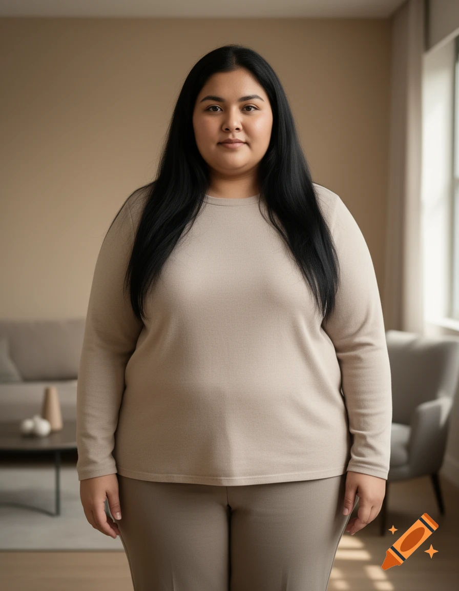 Photorealistic full-body portrait of a plus-size woman with long black hair wearing a beige sweater and pants in a living room.