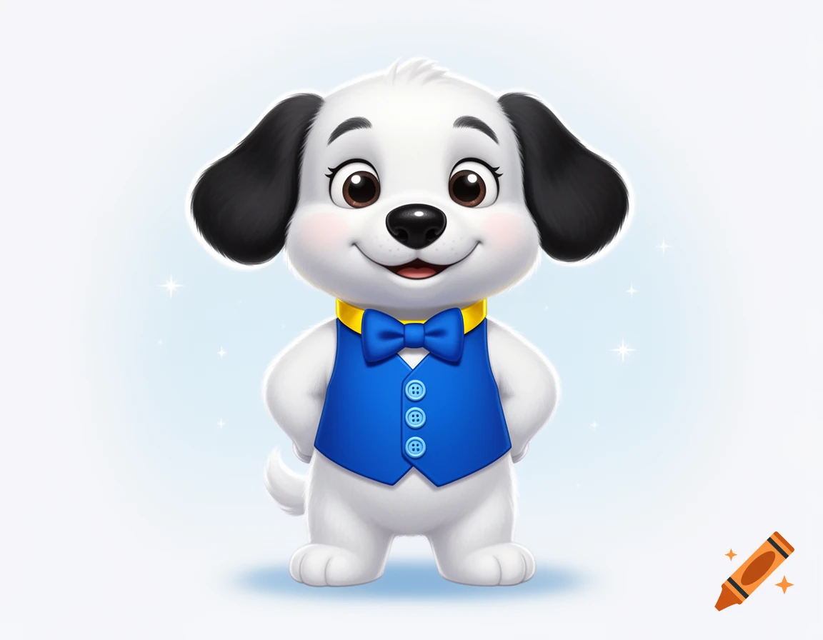 Digital illustration of a cute white cartoon dog with black floppy ears wearing a blue vest and bow tie.
