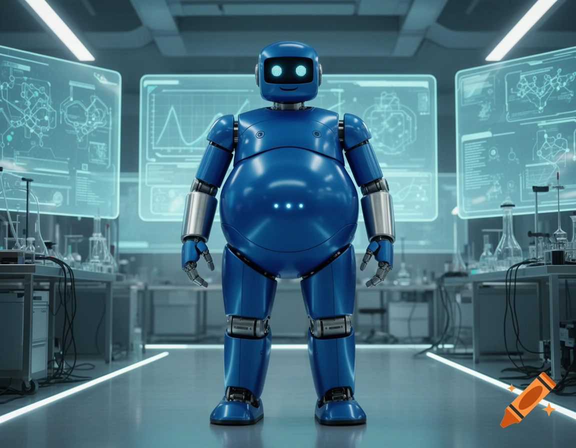 Photorealistic image of a blue robot with a chubby stomach standing in a futuristic laboratory with glowing screens.
