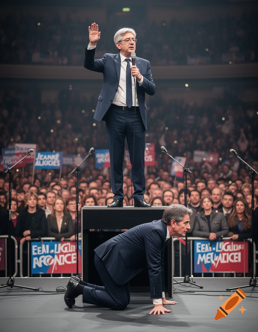 Photorealistic image of politician Jean-Luc Mélenchon standing on a box giving a speech while Raphael Glucksmann crawls on all fours beneath him.