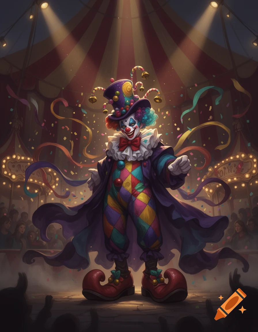 Digital illustration of a jester character in a circus tent with streamers and a spotlight, fantasy art style.