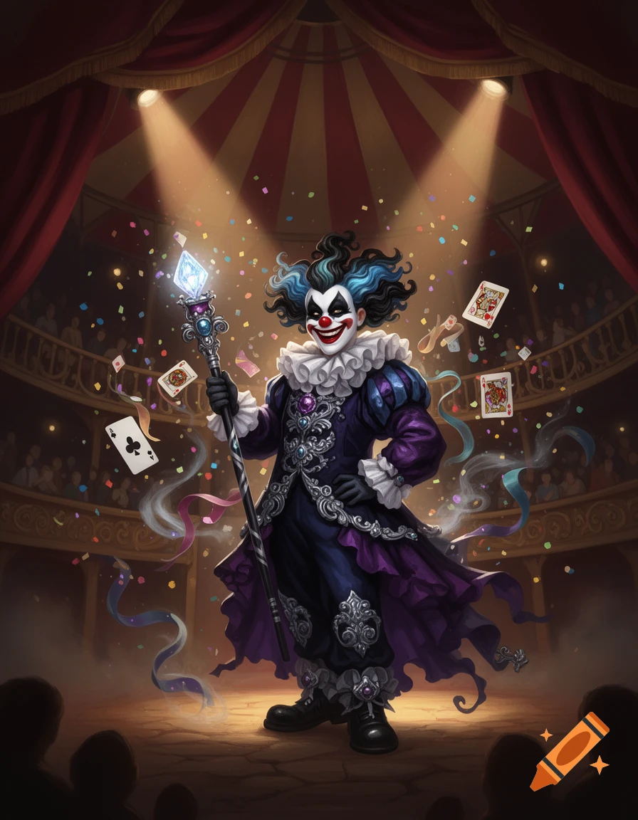 Digital illustration of a jester clown holding a magical staff in a circus ring with playing cards floating.