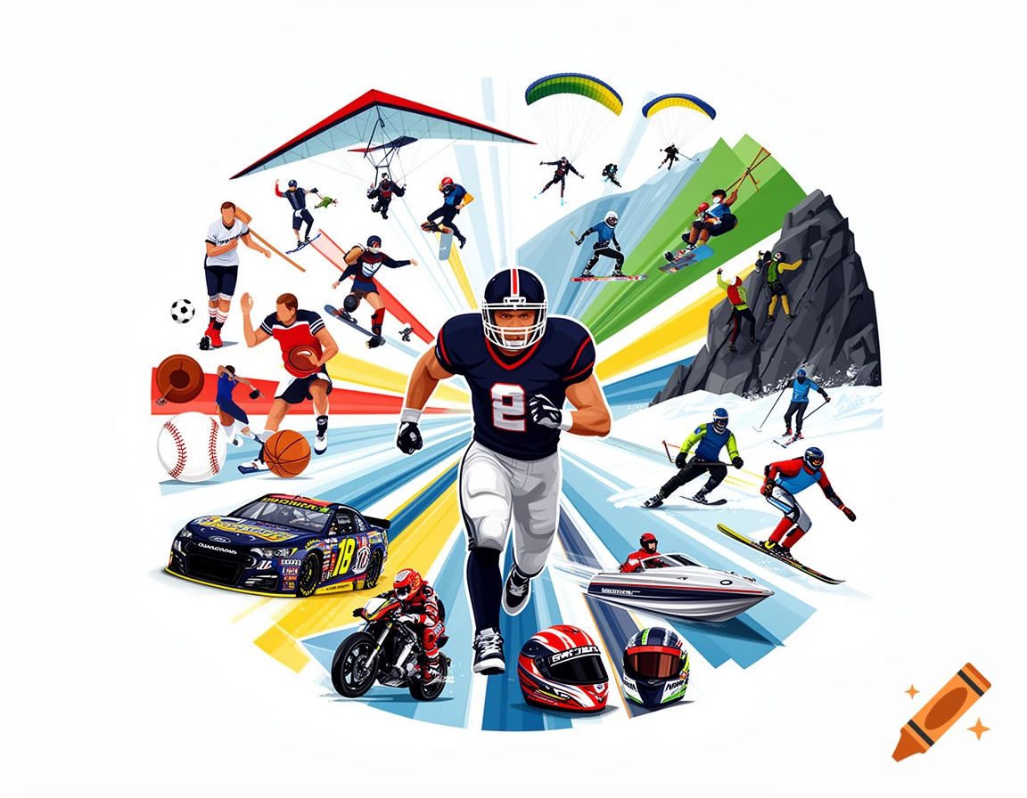 Vector art illustration featuring various sports like football, snowboarding, and racing, centered around a running football player.