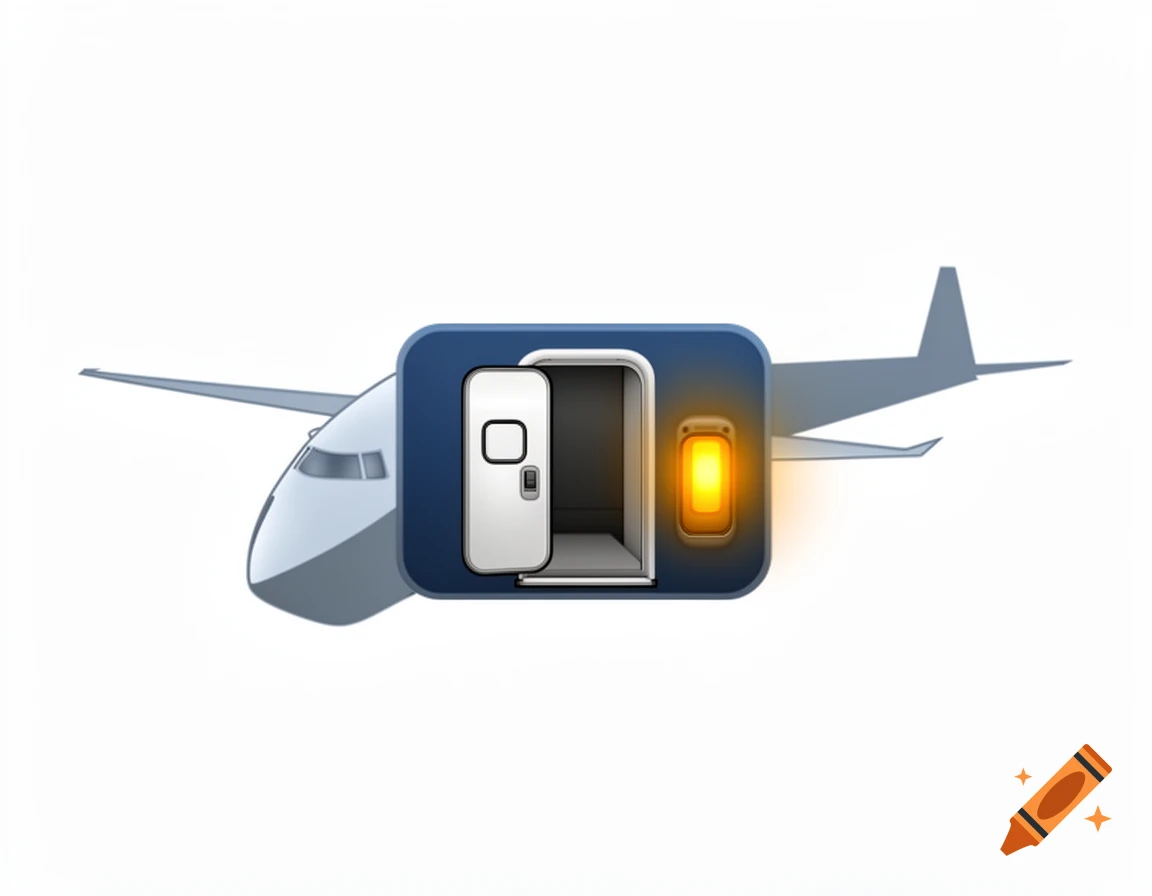 An airplane graphic with a blue control panel interface overlay featuring an open door and an illuminated light.