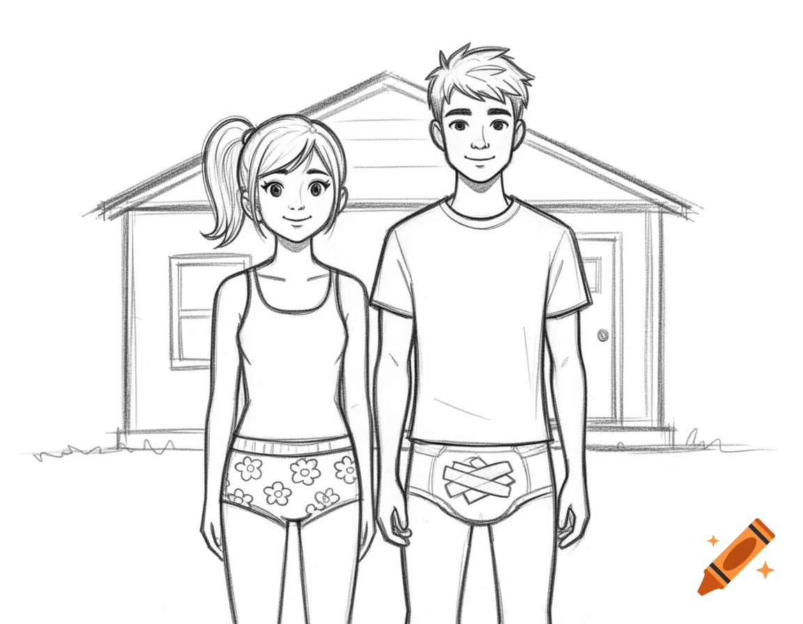 Sketch of a teen boy and girl standing in front of a house in a simplified children's drawing style.