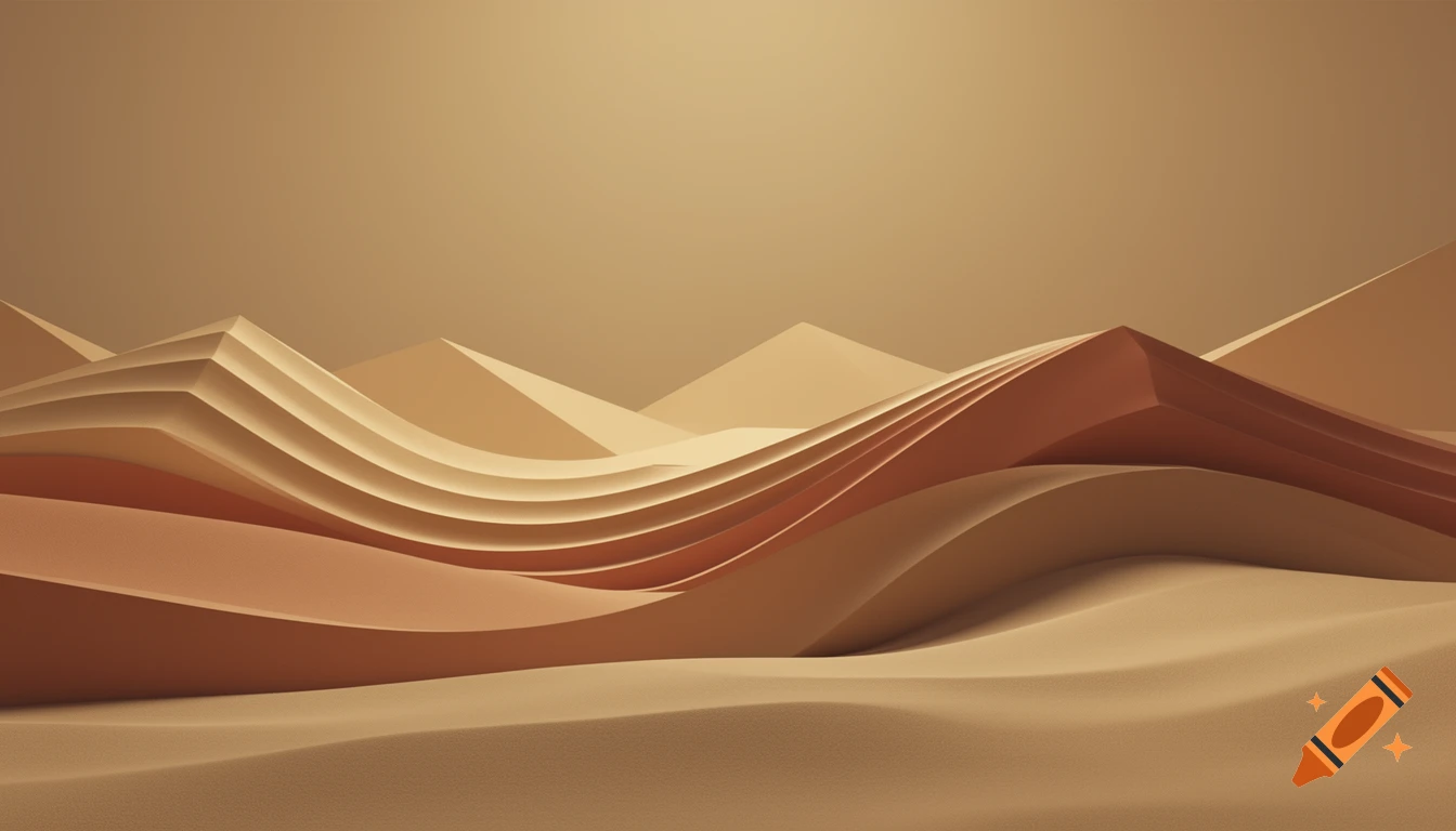 Abstract 3D render of stylized, layered geometric sand dunes with warm lighting.