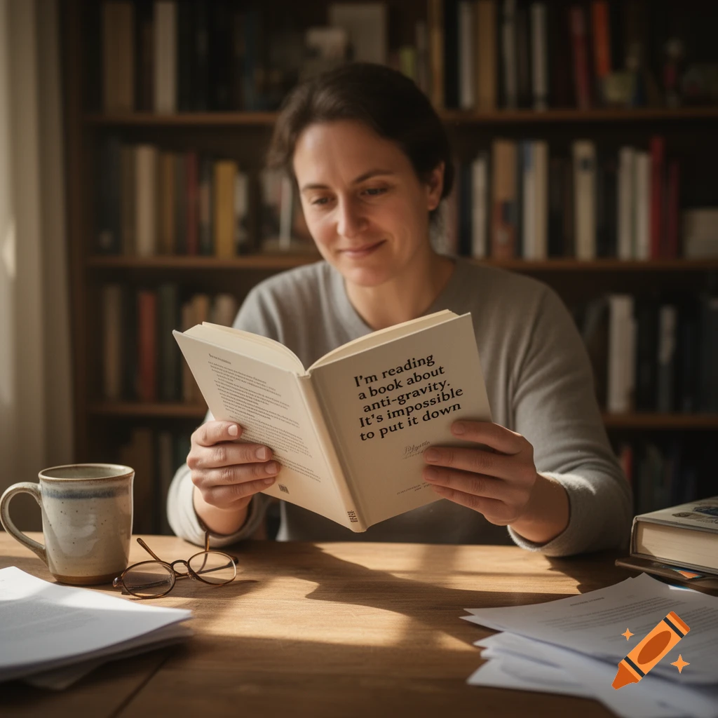A person sitting at a wooden table, reading an open book with text on the pages, in front of a bookshelf.