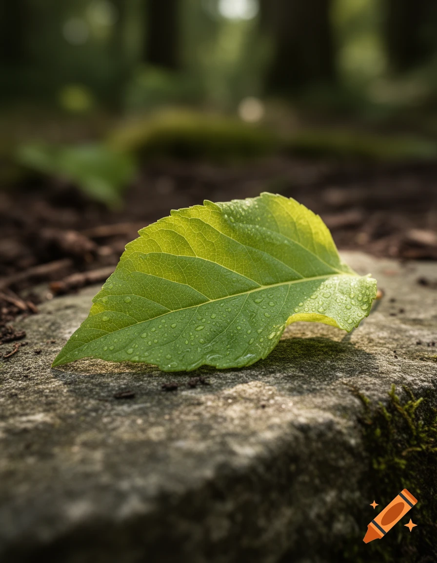 Close-up photorealistic shot of a green leaf covered in dew drops resting on a mossy stone outdoors.