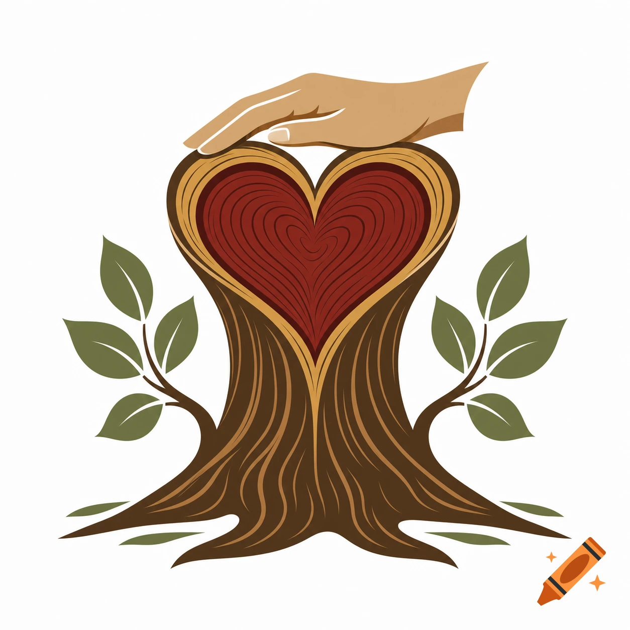 Logo illustration of a tree stump with a carved red heart top and a hand resting on it, flanked by green leaves.