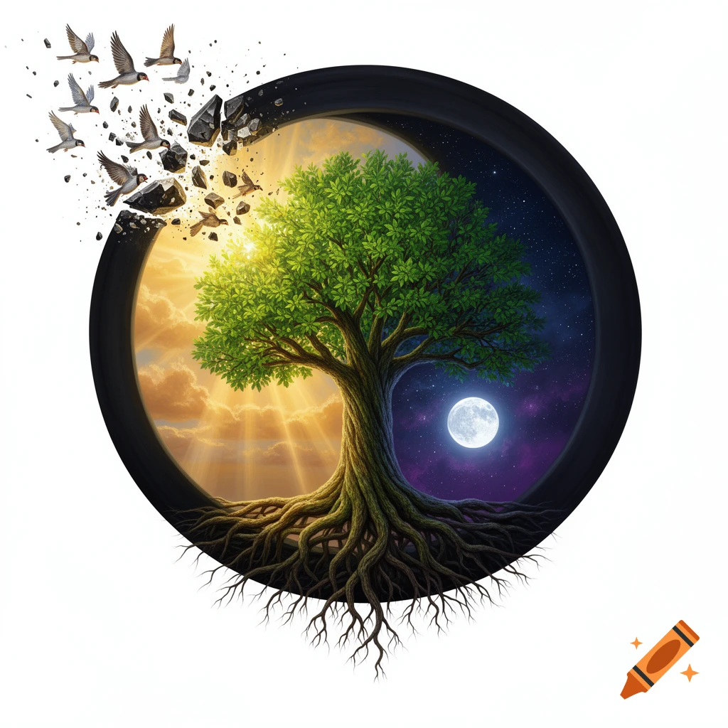 Digital art of a yin-yang tree inside a circular frame, with day and night sides, and birds breaking through the top frame.