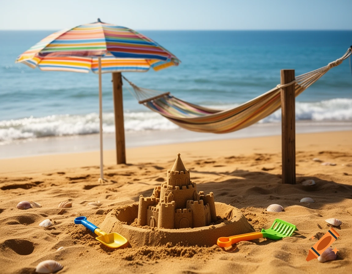Photorealistic beach scene with a sandcastle, colorful beach umbrella, hammock, and toys in the sand.