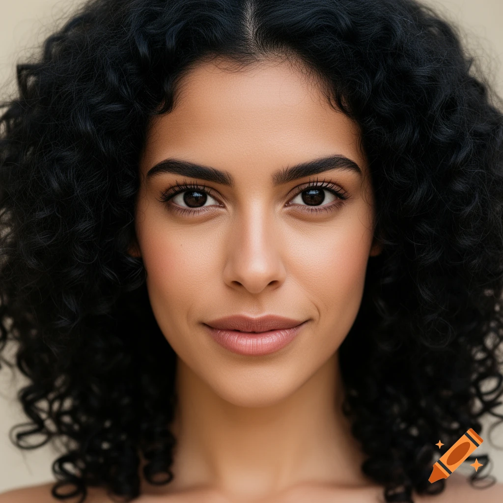 Close-up photorealistic portrait of a 28-year-old Latina woman with dark curly hair, brown eyes, and a confident expression.