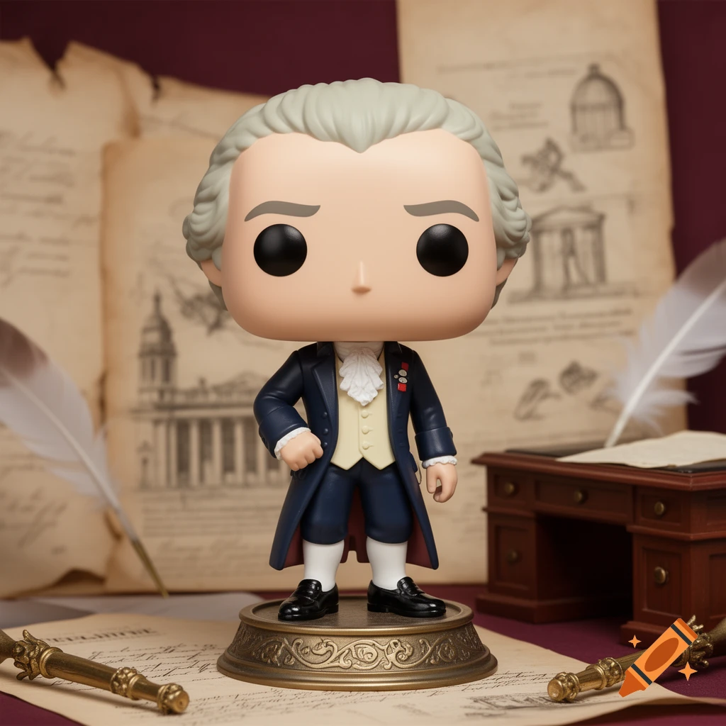 A Funko Pop vinyl figure of Thomas Jefferson standing on a circular base amidst historical documents and a quill pen.