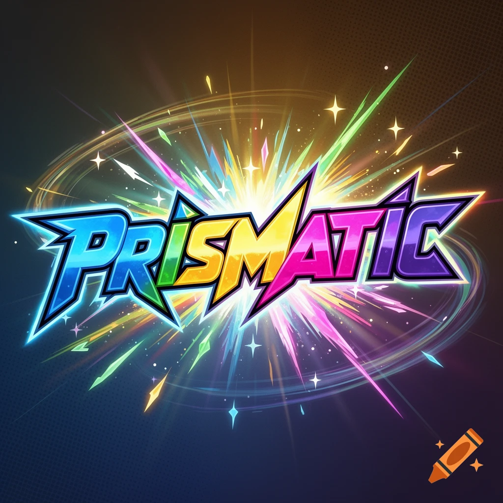 Colorful anime style action font saying PRISMATIC against a dynamic glowing background with light bursts.