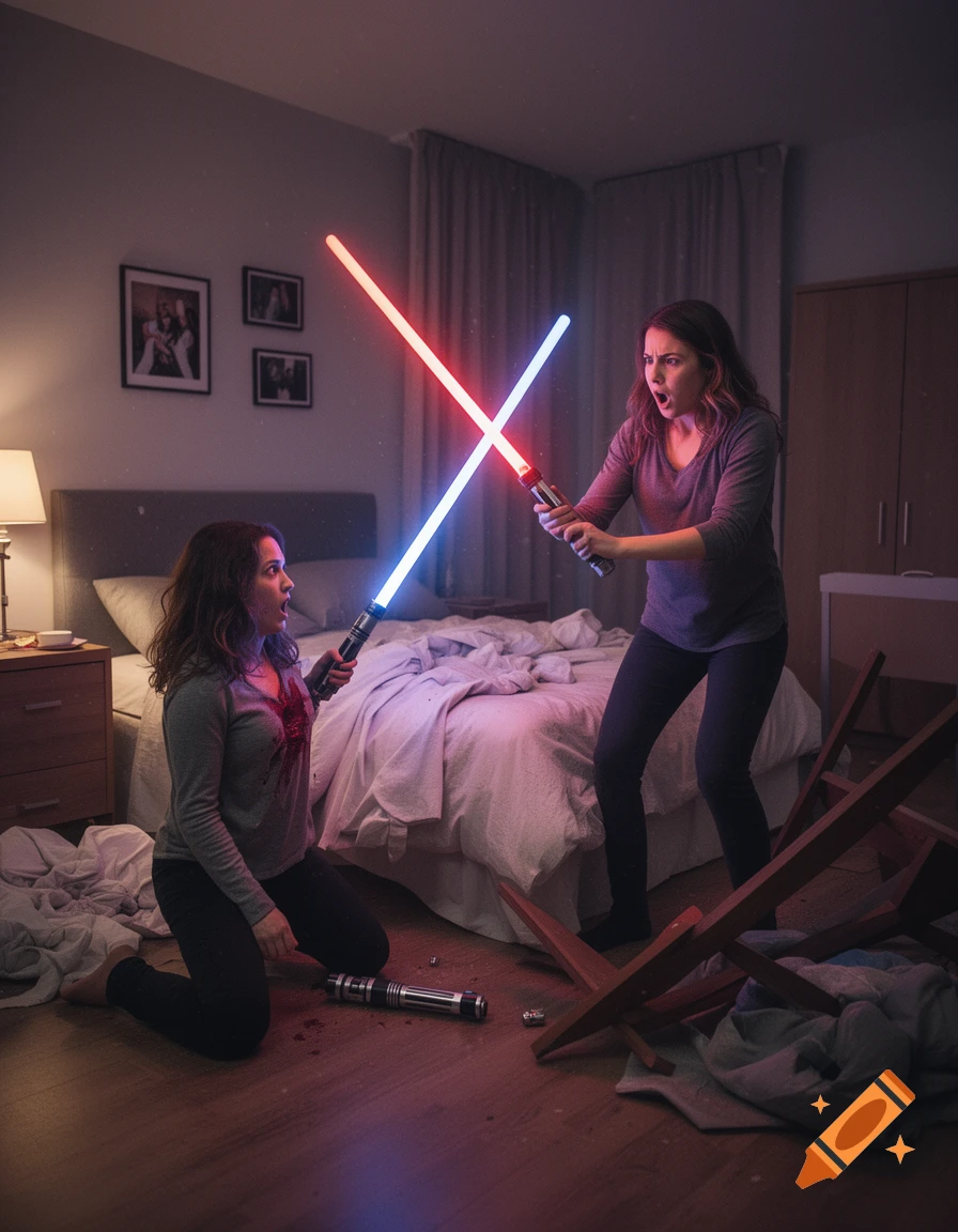 Photorealistic scene of two sisters in a bedroom fighting with lightsabers, one wounded in the stomach and falling.