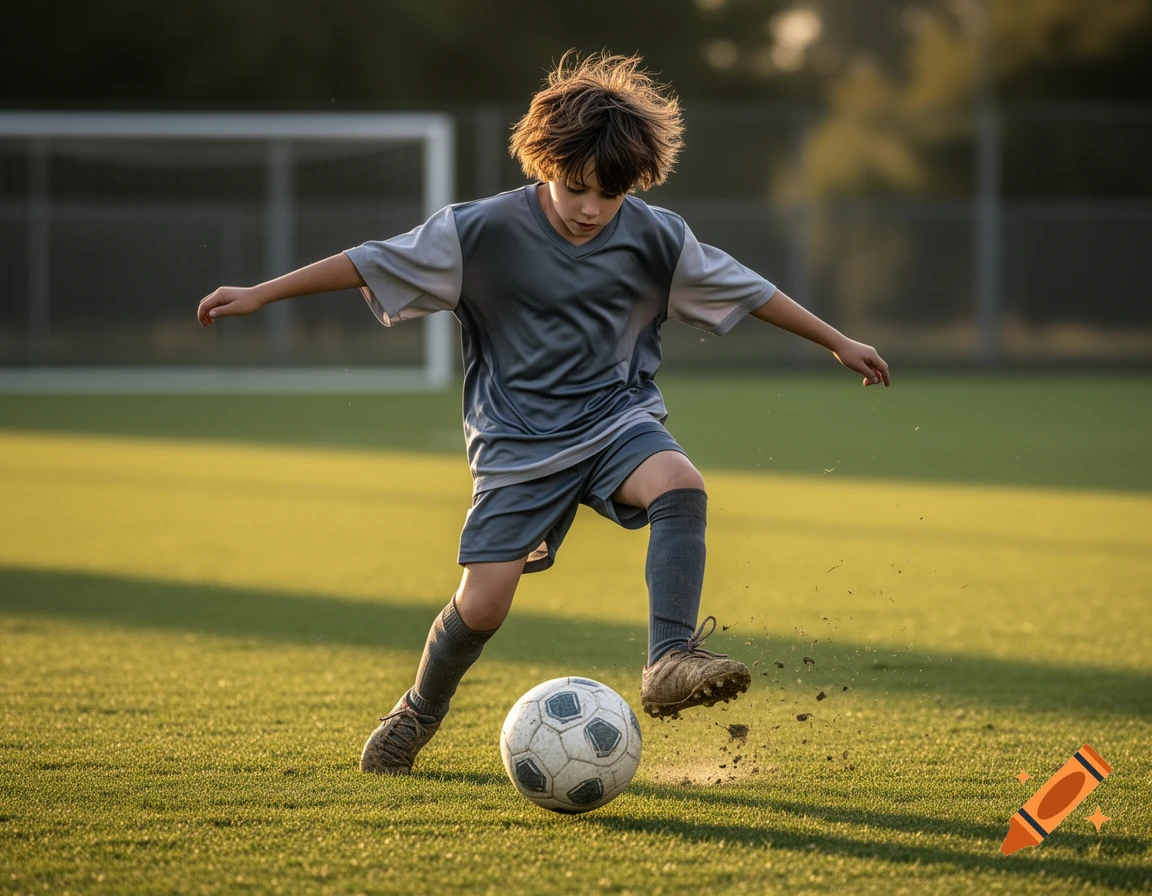 Photorealistic image of a young boy with messy brown hair kicking a soccer ball on a grassy field.
