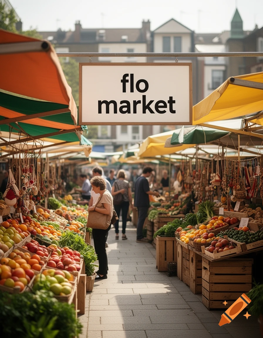 Photorealistic street market scene with a prominent sign reading 'flo market', surrounded by stalls of fresh produce.