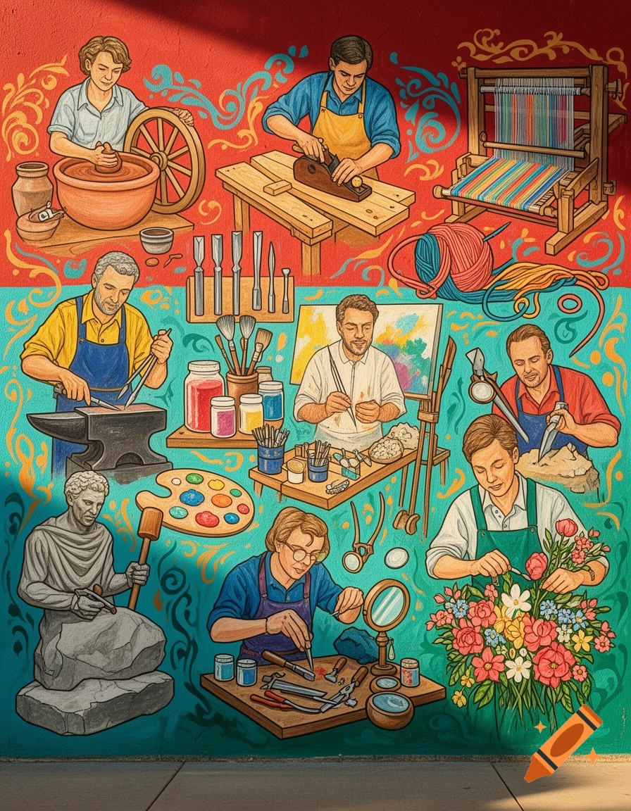 Colorful painted mural depicting various arts and crafts including pottery, woodworking, weaving, blacksmithing, painting, and sculpting.
