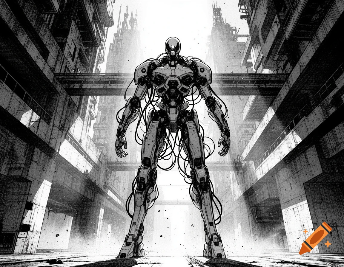 Black and white manga-style illustration of a towering cyborg robot standing in a massive, dilapidated urban canyon.