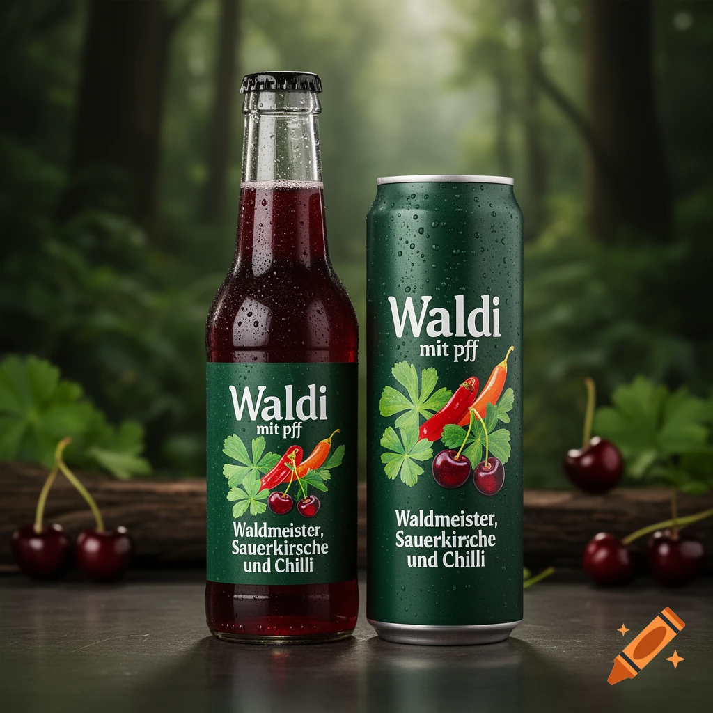 Photorealistic product design of a glass bottle and a can of Waldi mit pff soda with woodruff, sour cherry and chilli flavor in a forest.