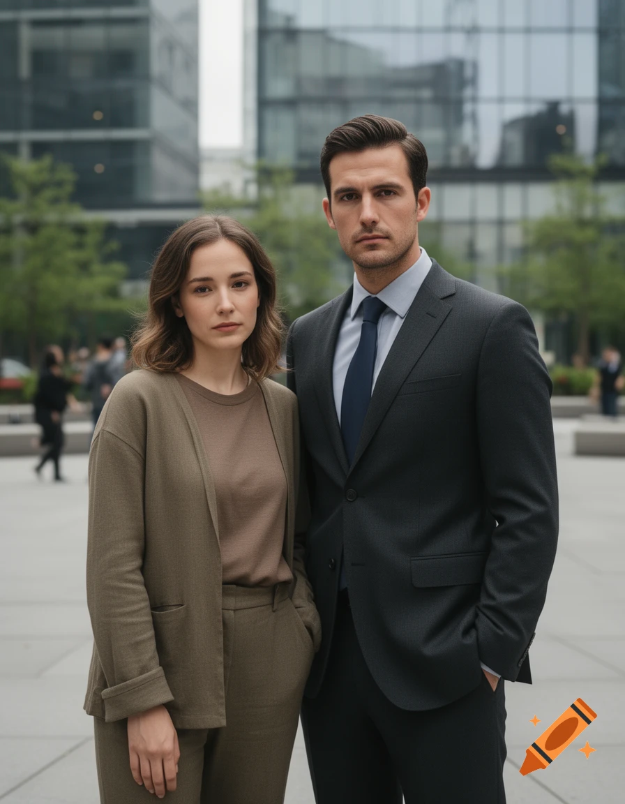Photorealistic portrait of a woman in a brown cardigan and a man in a dark business suit standing outside a modern building.