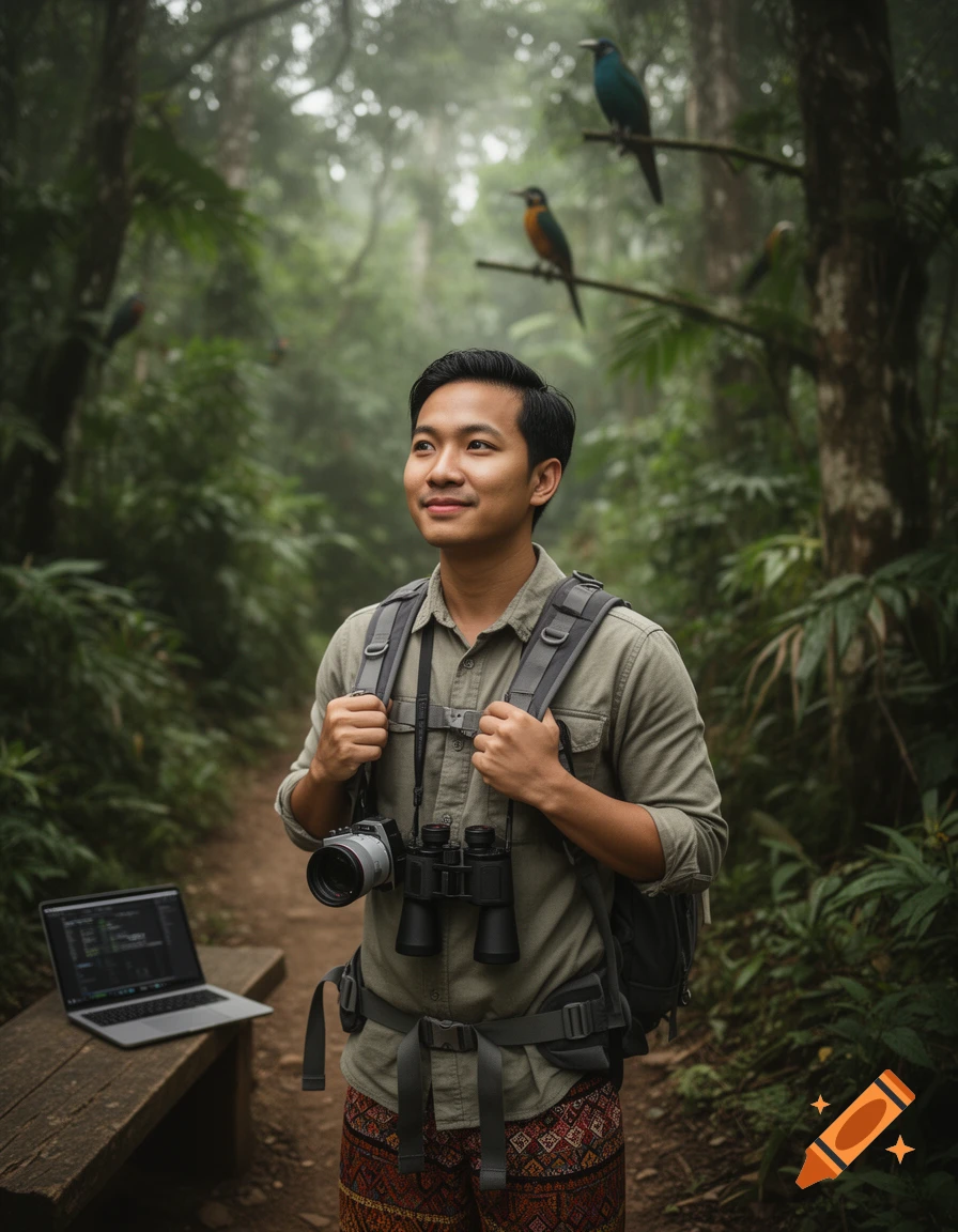Photorealistic medium shot of a Southeast Asian man with binoculars and camera hiking in a lush green jungle.