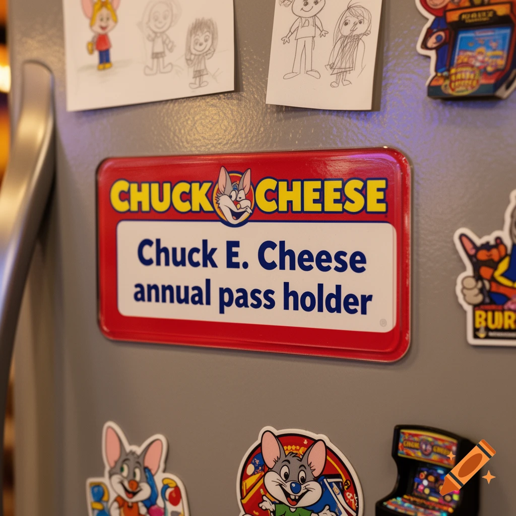 A Chuck E. Cheese annual pass holder magnet on a refrigerator door among other stickers and drawings.
