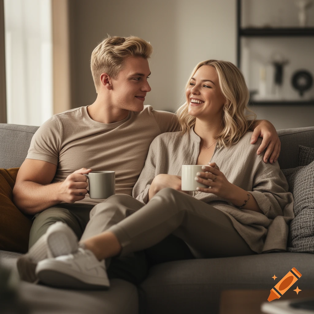 Photorealistic image of a young blonde man and woman smiling and relaxing on a grey sofa, holding coffee mugs.