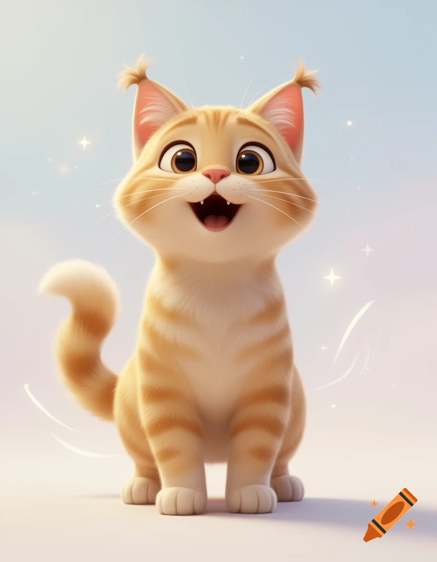 Animated 3D orange tabby cat with tufted ears and a happy open-mouthed expression.