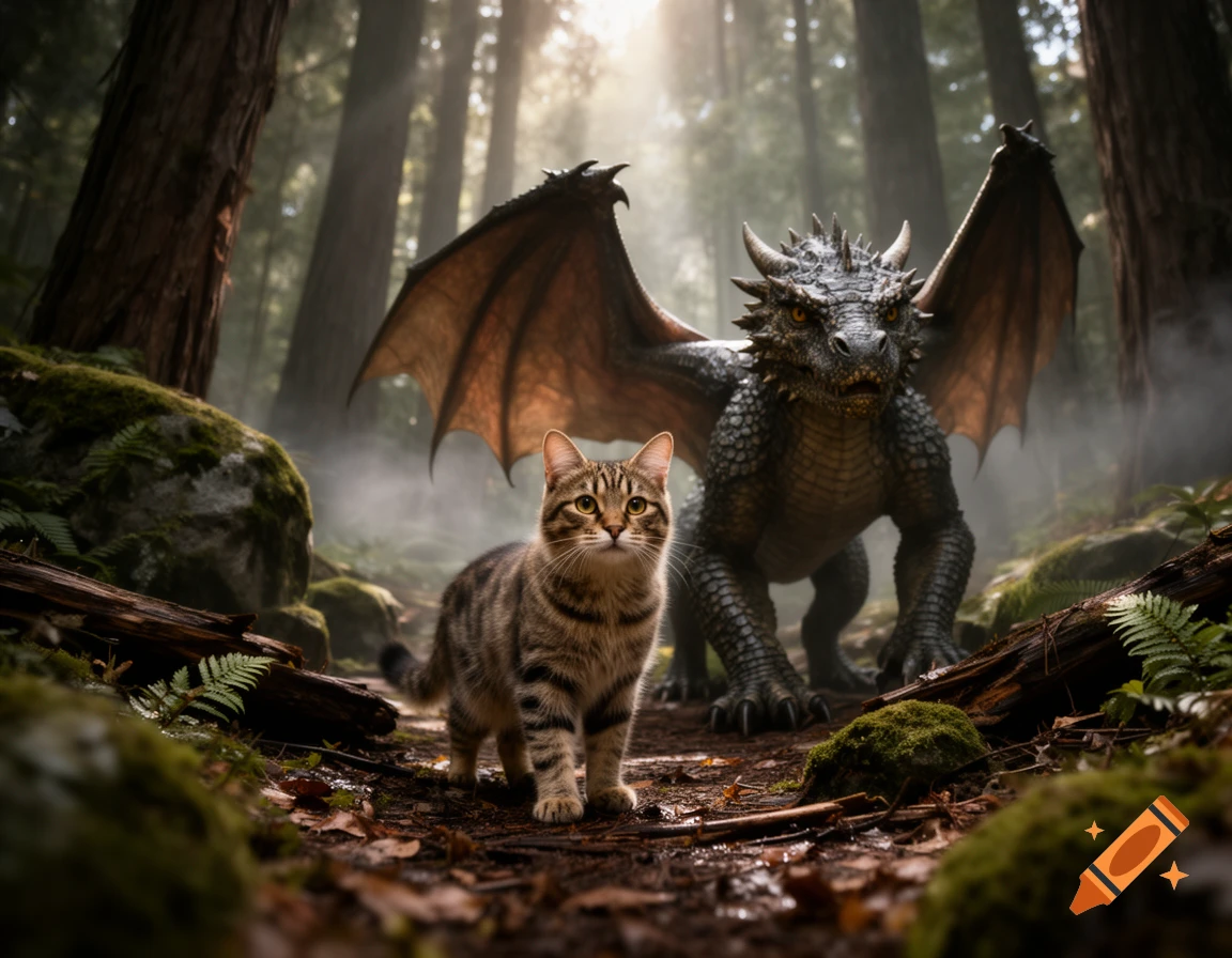 A photorealistic tabby cat standing in a misty forest with a detailed grey dragon behind it with its wings spread.