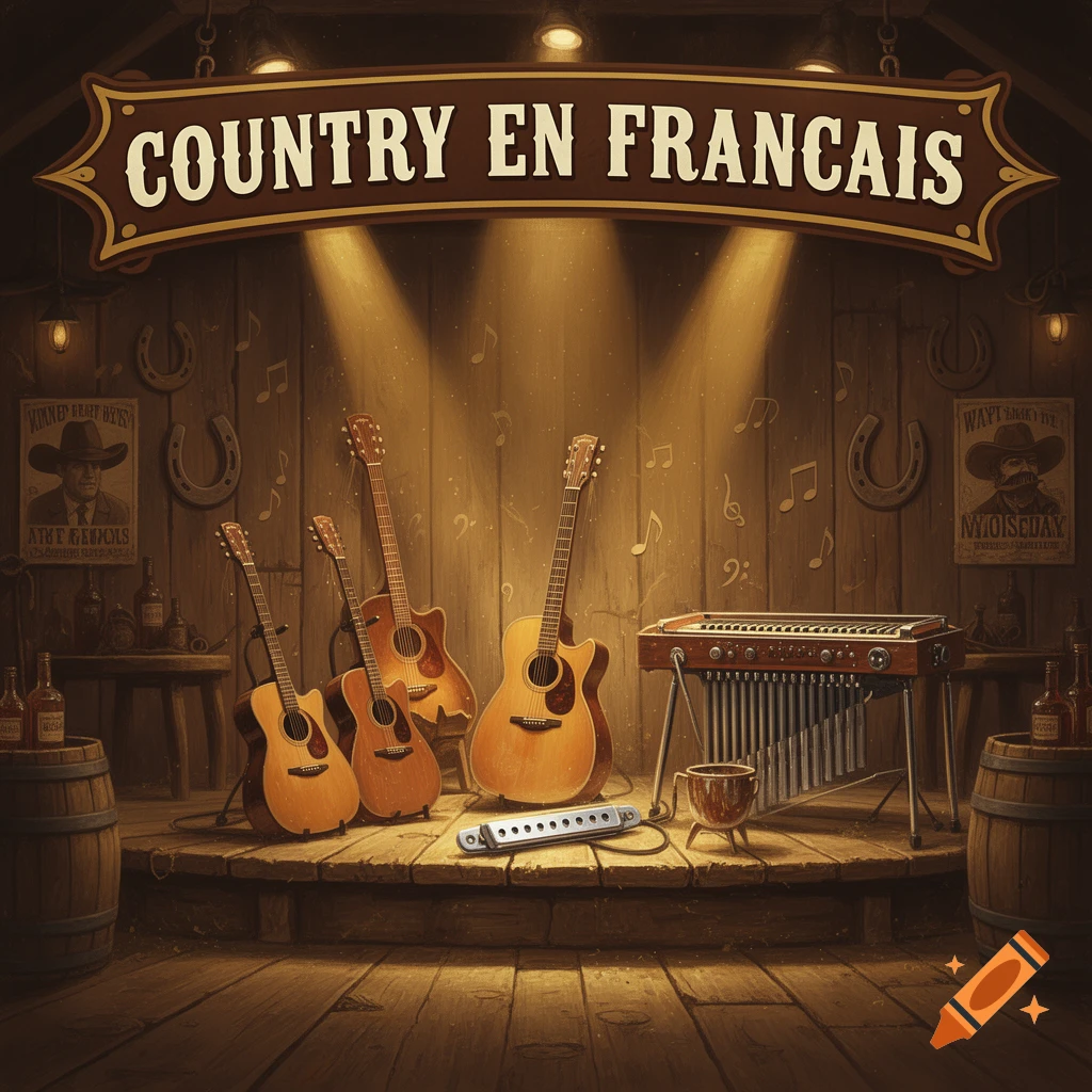 A rustic country stage with guitars, a pedal steel guitar, and a banner reading 'COUNTRY EN FRANCAIS'.