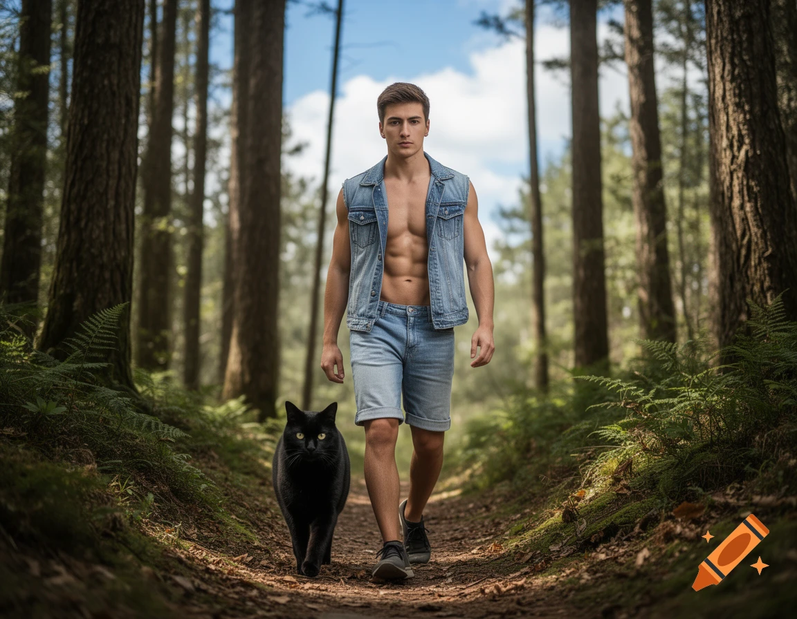 Photorealistic image of a young shirtless man in a denim vest walking on a forest trail with a large black cat.