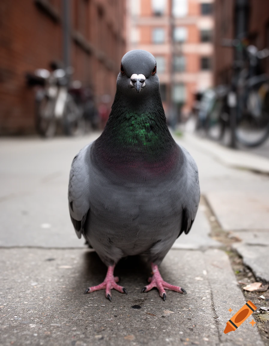 Photorealistic close-up shot of a pigeon standing on a city pavement facing the camera.