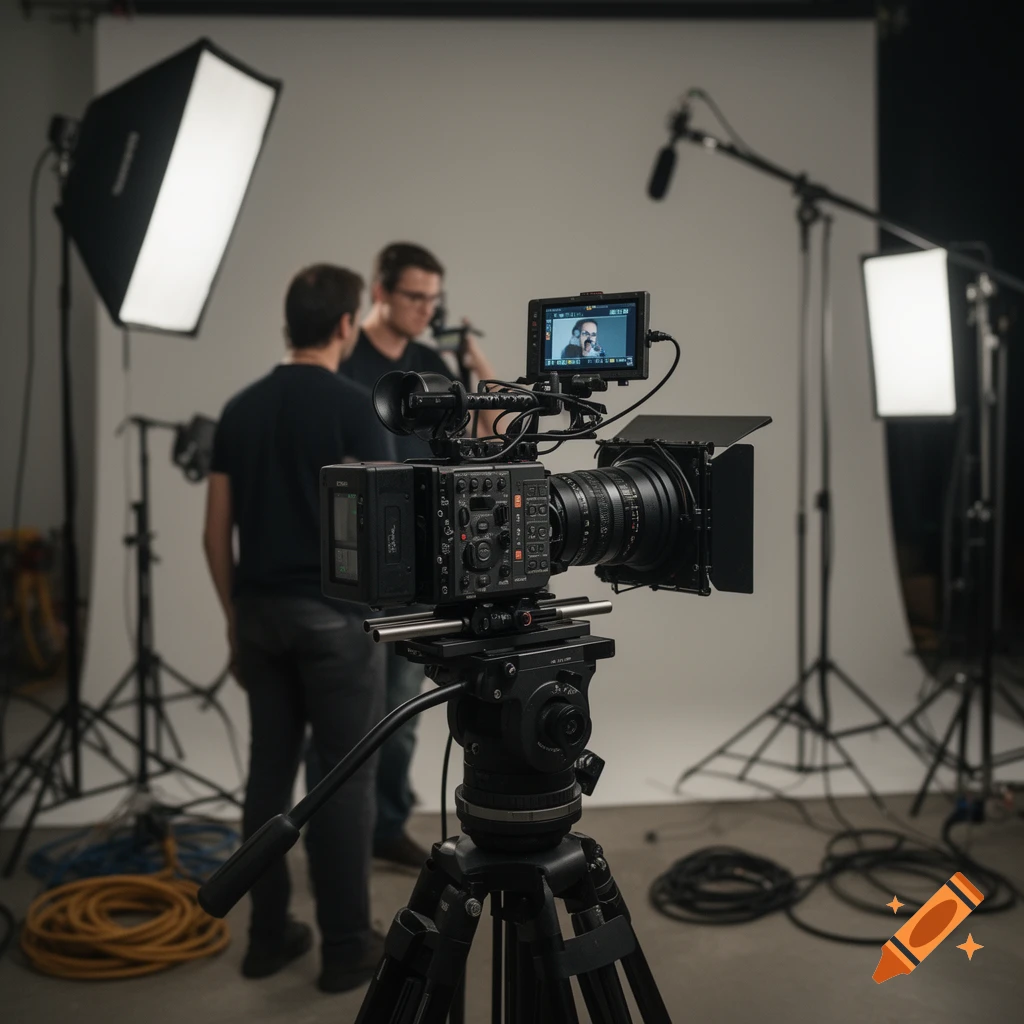 A professional cinema camera on a tripod in a well-lit studio with two crew members and lighting equipment in the background.