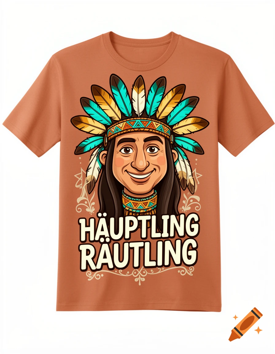 Orange t-shirt featuring a cartoon caricature of a Native American chief with a feathered headdress and the text 'Häuptling Räutling'.
