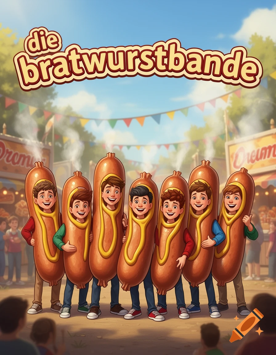 Cartoon illustration of seven young men dressed in bratwurst costumes with mustard at a street fair, with the text 'die bratwurstbande' above.