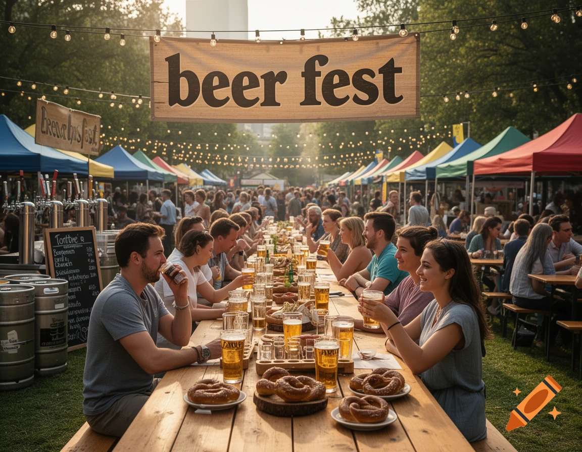 Photorealistic image of people sitting at long wooden picnic tables at a bustling outdoor beer festival with pretzels and beer.