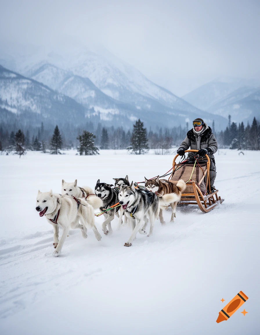 Photorealistic image of a dog sled pulled by six huskies through a snowy landscape with mountains in the background.