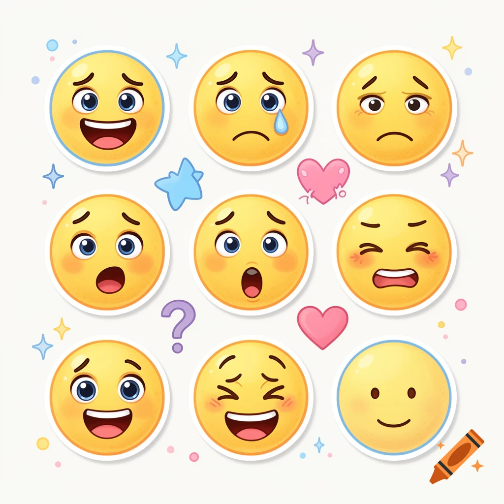 A sheet of various cute yellow emoji stickers showing different emotions, vector illustration style.