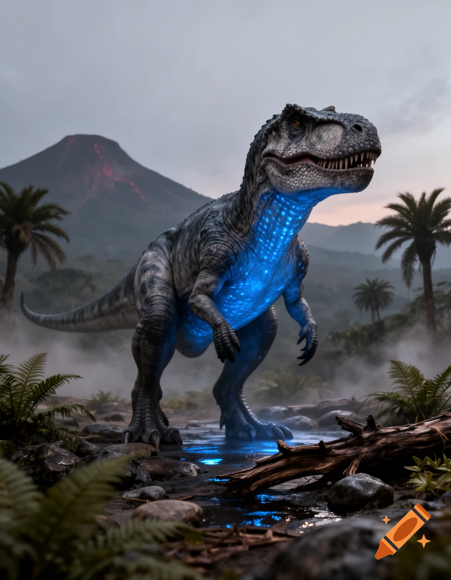 Photorealistic Giganotosaurus standing in a misty prehistoric landscape with a glowing blue chest, surrounded by ferns and a volcano in the background.