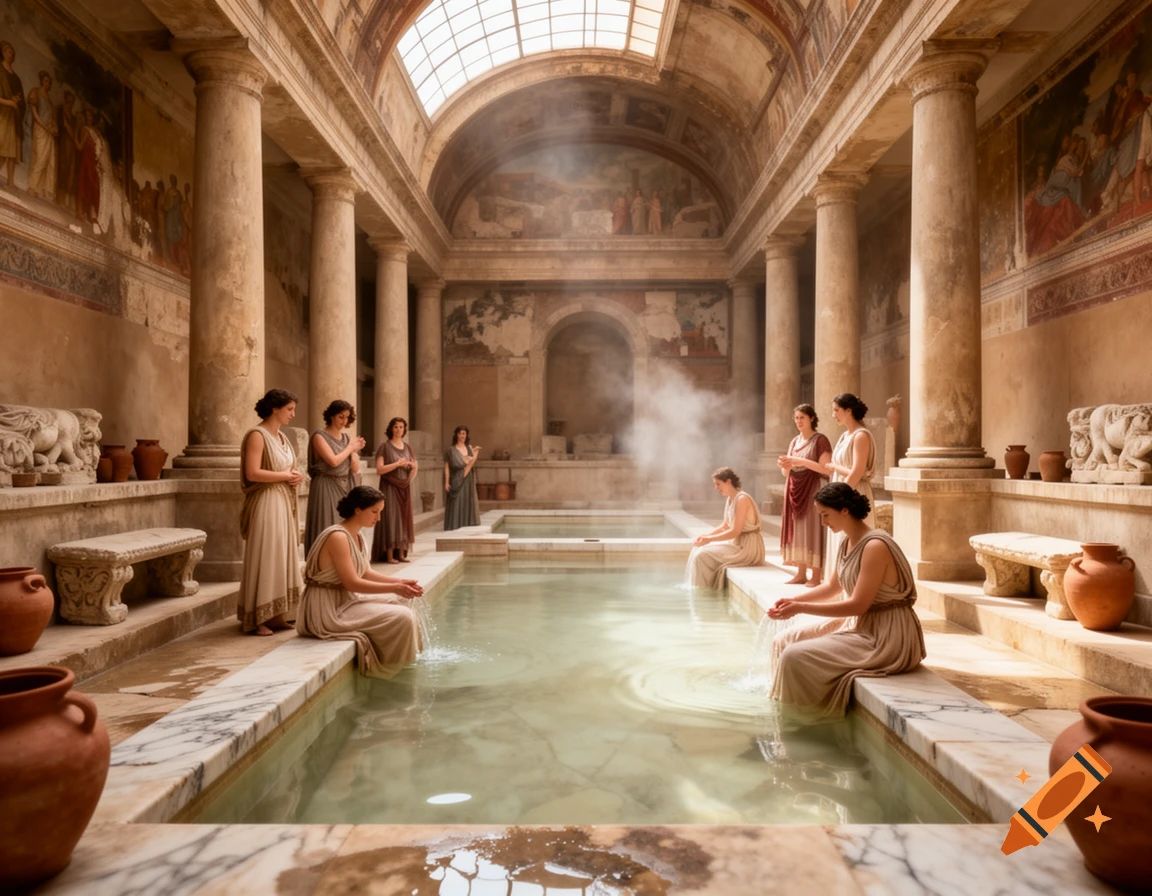 Photorealistic scene of women in traditional togas inside a large ancient Roman bathing house.