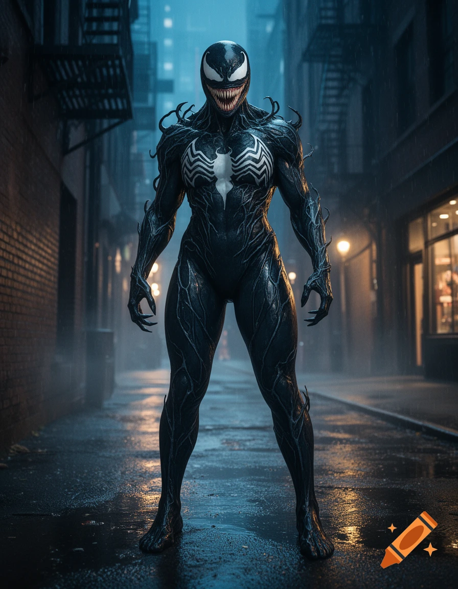 Photorealistic full-body shot of a female Venom character standing in a wet, narrow alleyway at night.