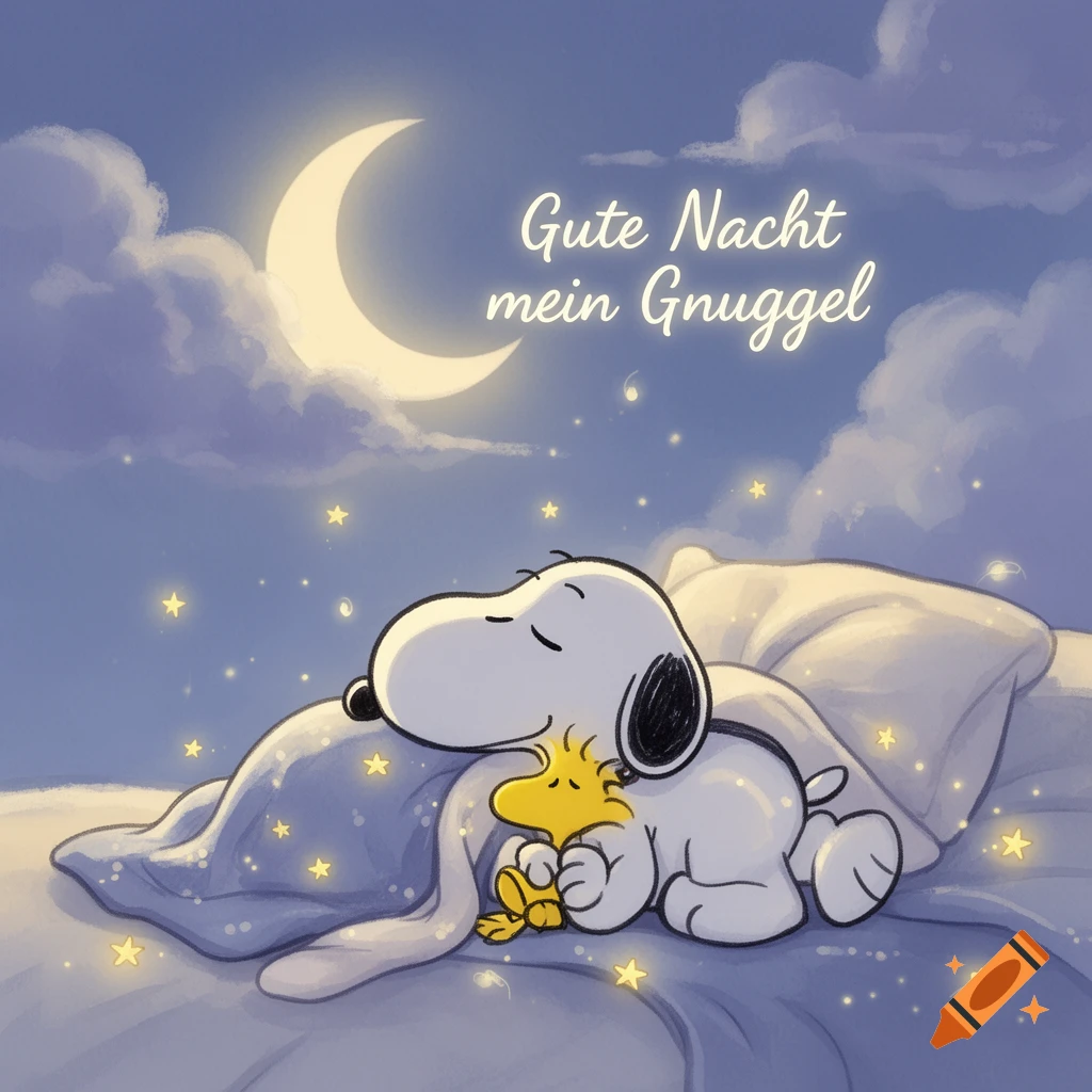 Snoopy and Woodstock sleeping together in bed under a crescent moon and stars with German text overlay, digital illustration style.