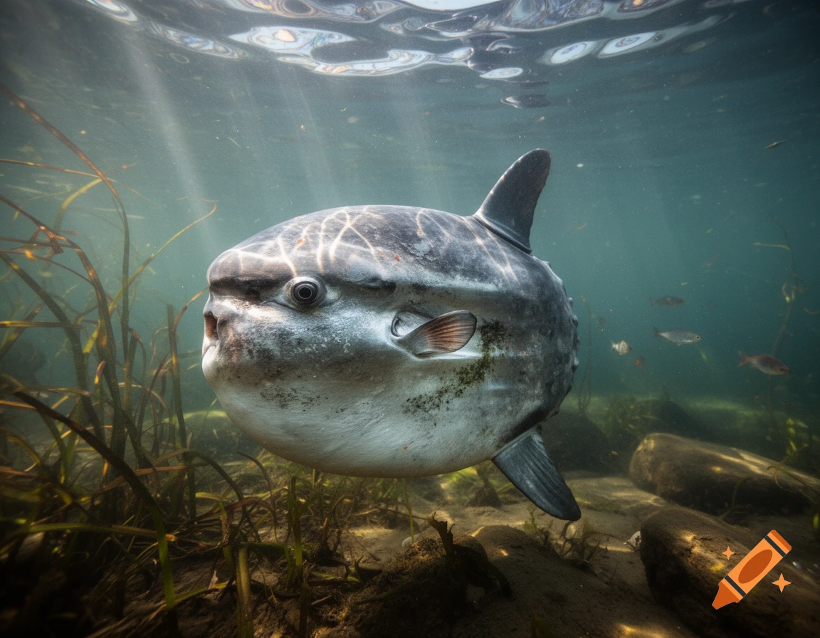An ocean sunfish swims underwater in a shallow, sunlit pond with aquatic plants and rocky bottom.