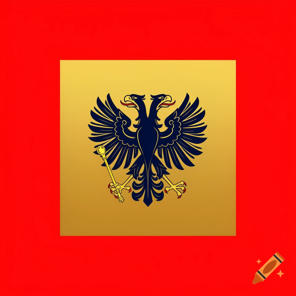 A graphic design of a black double-headed eagle in Cologne heraldic style holding a scepter, centered inside a golden square with a red border.
