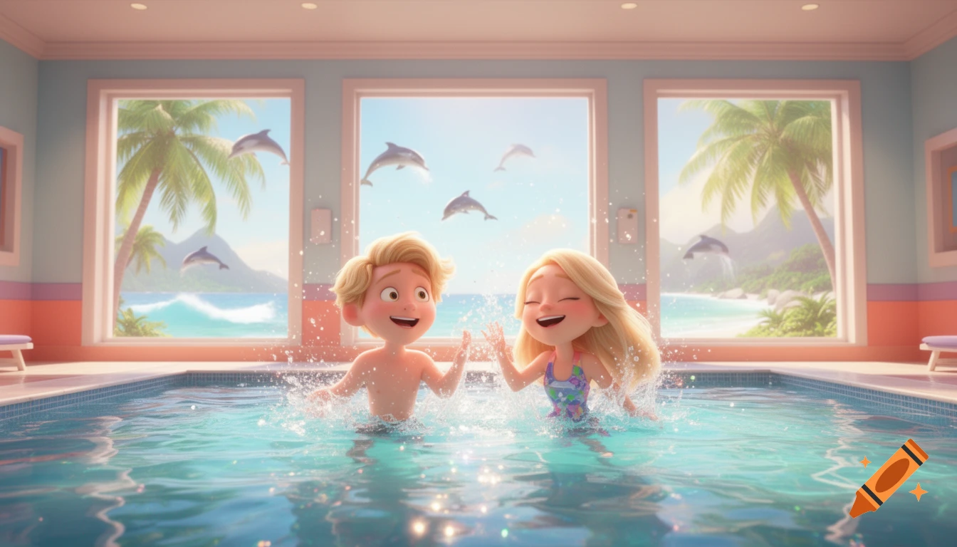 A cartoon style illustration of a blonde man and woman splashing each other in an indoor swimming pool with tropical windows.