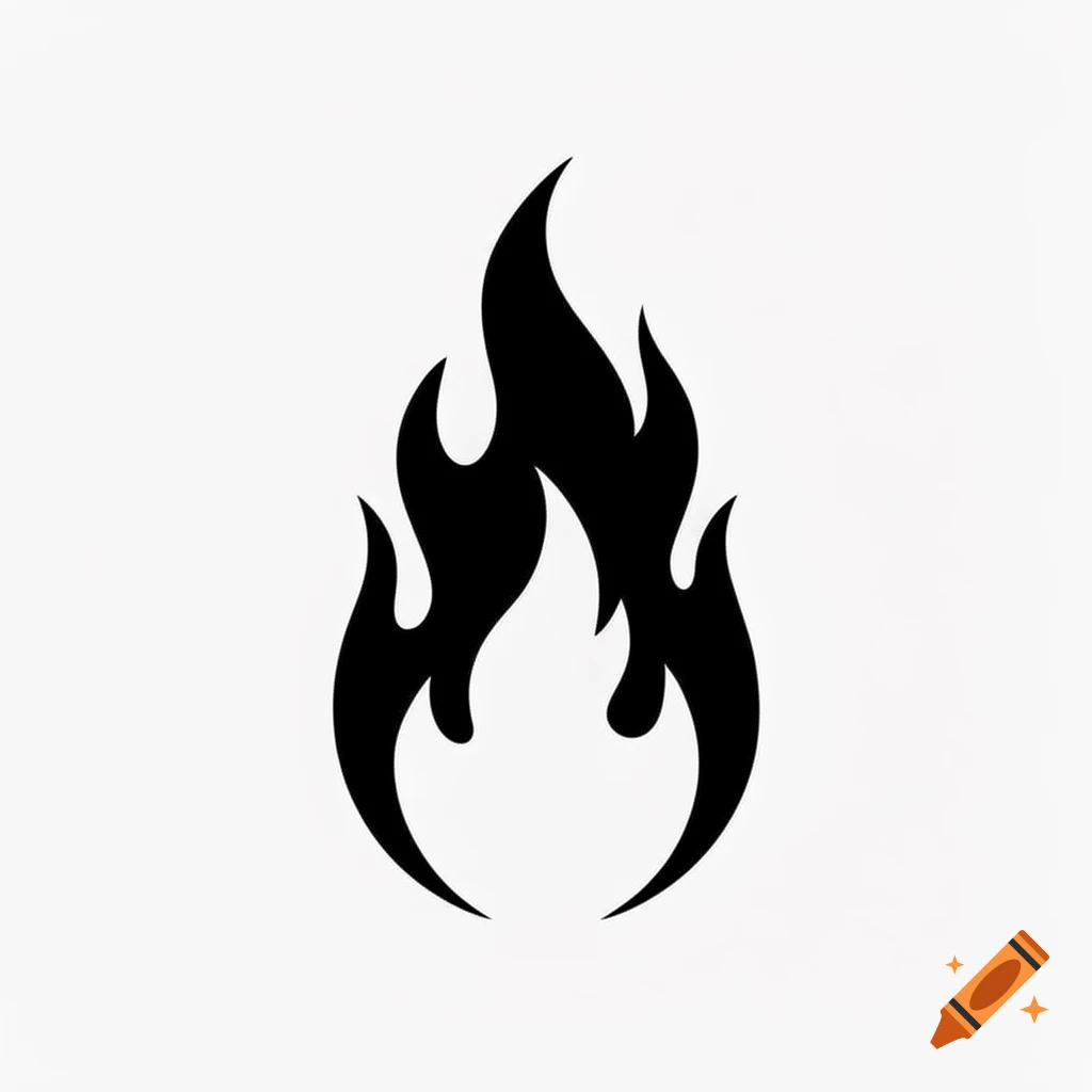 Minimalist black and white flame tattoo design on a white background.