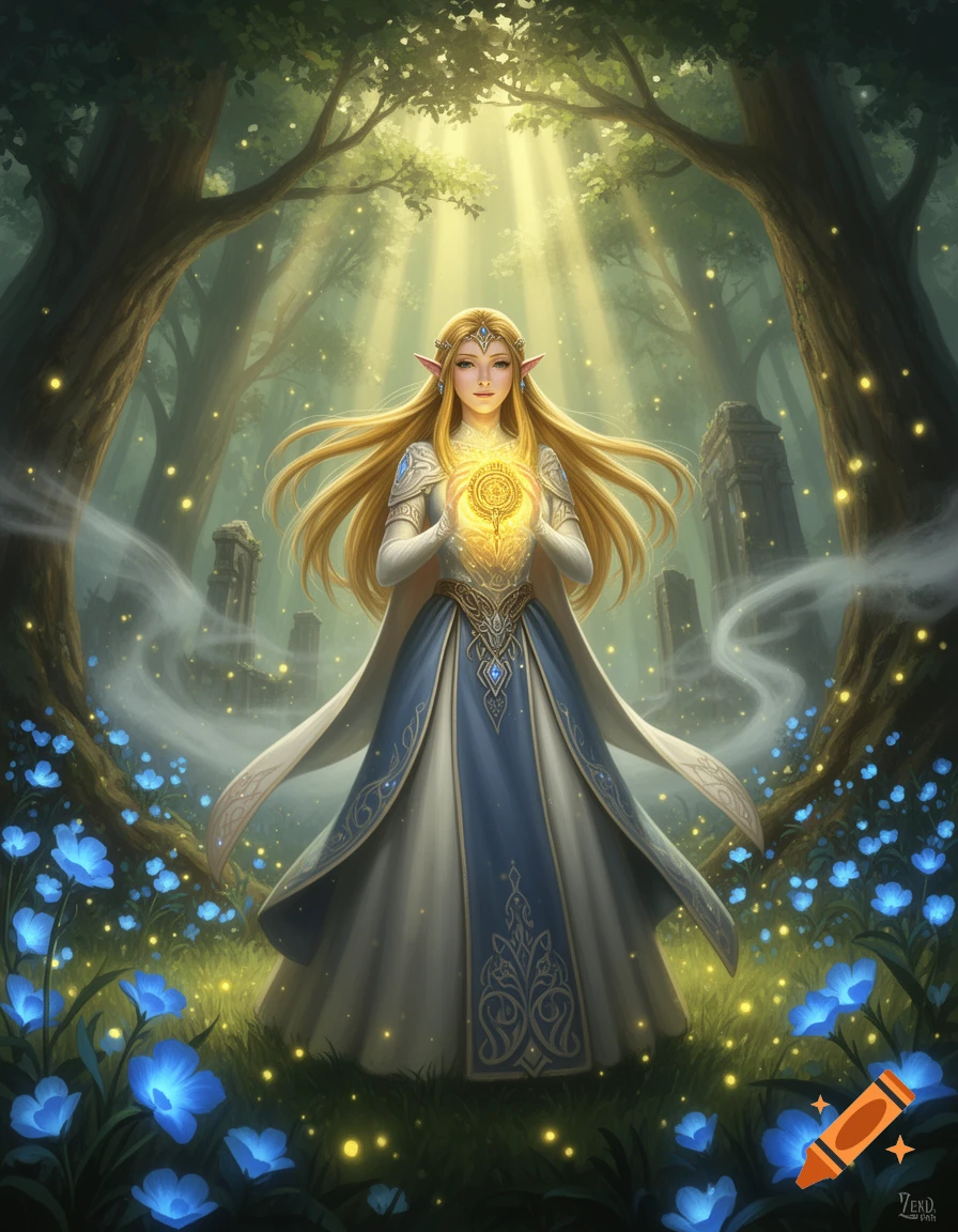 Digital painting of Princess Zelda holding a glowing golden ring in a magical forest surrounded by blue flowers and trees.