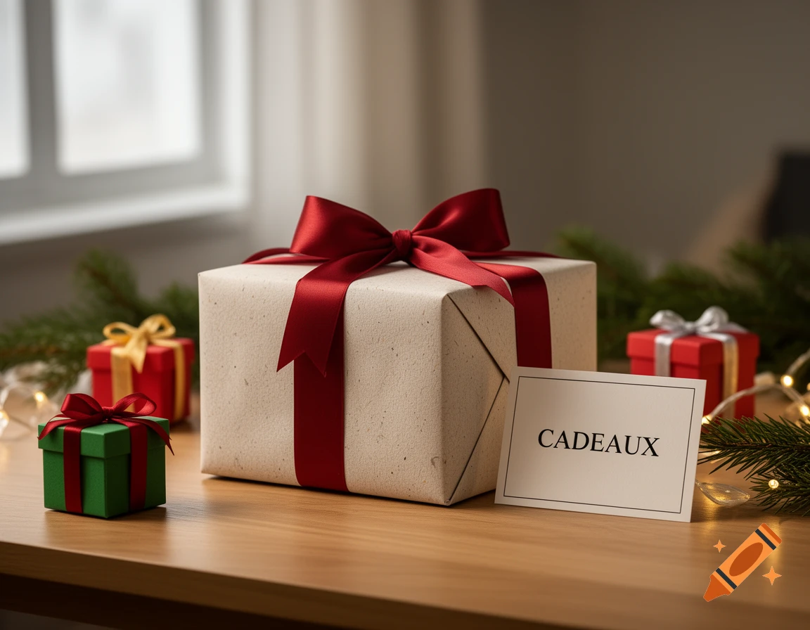 Photorealistic gift boxes wrapped in white and red paper with a card reading CADEAUX on a wooden table.